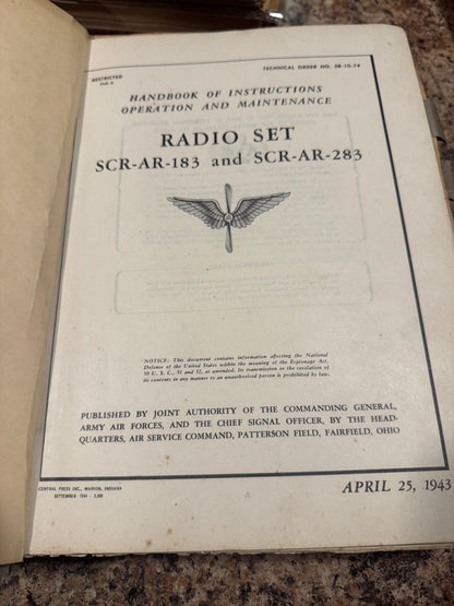 WWII Army Air Forces SCR-AR-183 & SCR-AR-283 Radio Set Manual – 1943 Dated – Air Corps / Signal Corps