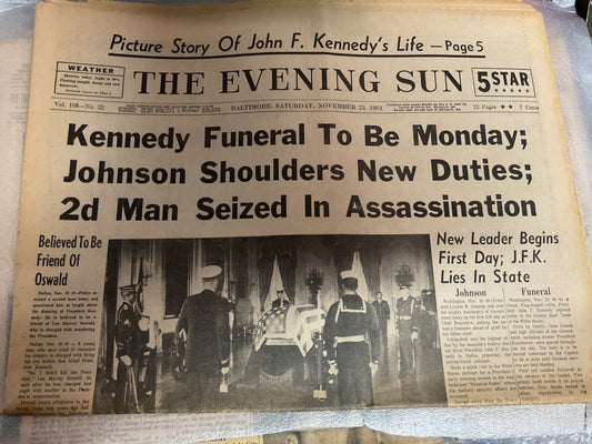 The Evening Sun November 23, 1963 “JFK Funeral Monday”