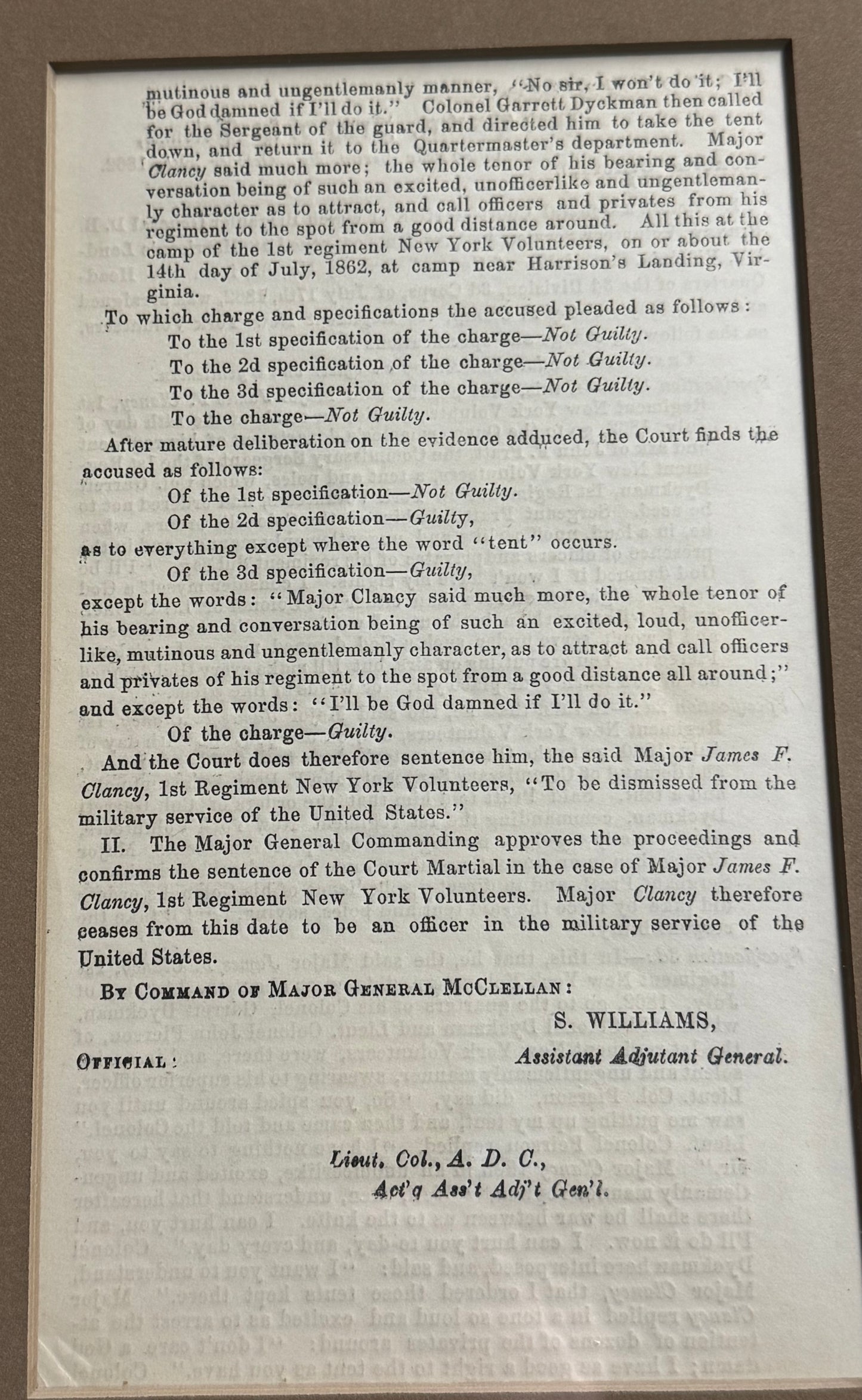 GEORGE B. McCLELLAN — CIVIL WAR COURT-MARTIAL ORDER & CDV