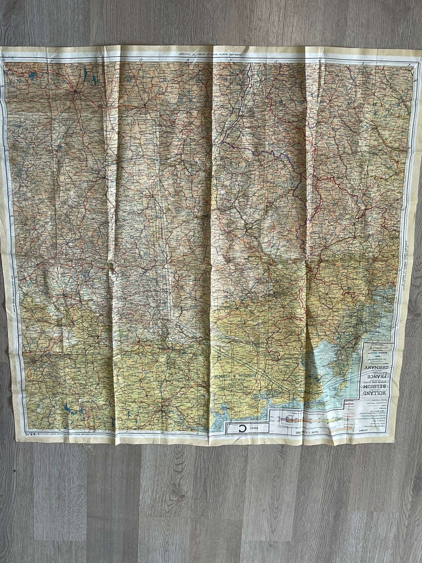Original WWII Allied MI9 Silk Escape & Evasion Map 43/C–43/D – France, Germany, Belgium, Holland & Switzerland