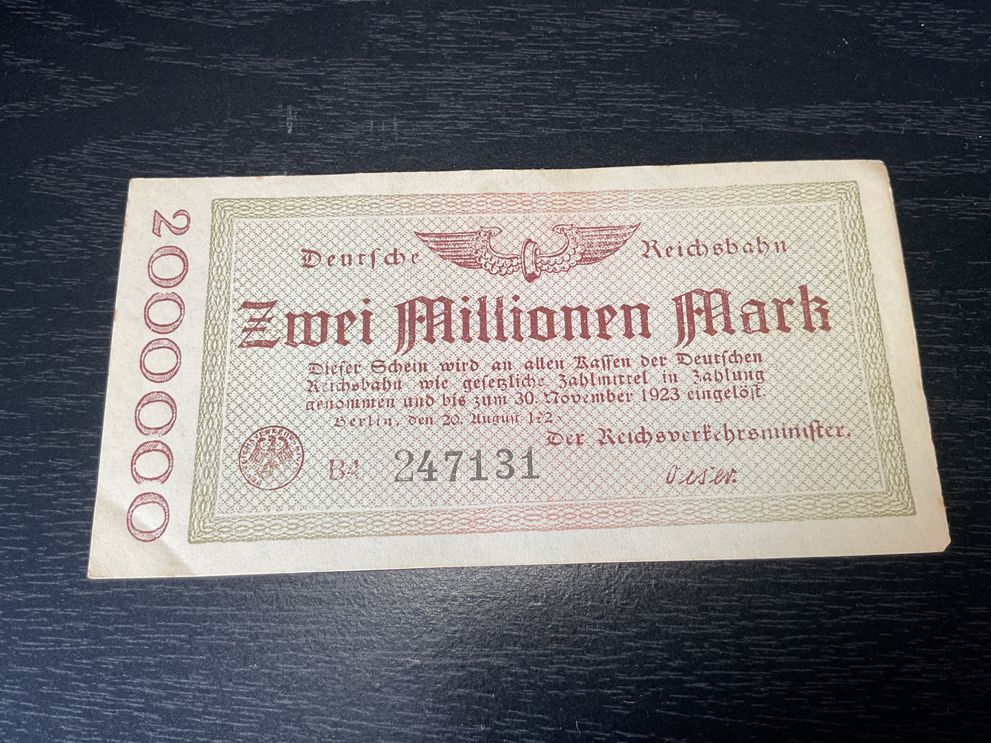 German 1923 2 Million National Railway Mark