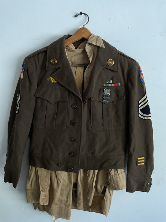 WWII U.S. Army 75th Infantry Division Ike Jacket - Staff Sergeant, ADSEC with Ruptured Duck, Ribbon Bar, and Marksman Badge - Size Medium (Estimated)