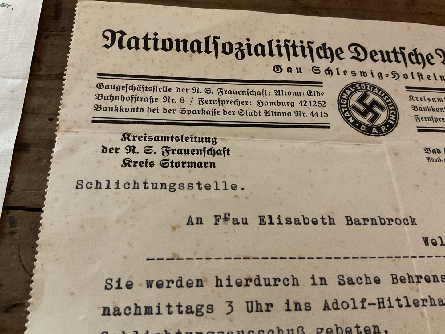 Elisabeth Barnbrock 1936 NS-Frauenschaft Dispute Archive-Hamburg-Wellingbuttel-Named WWII German Document Group