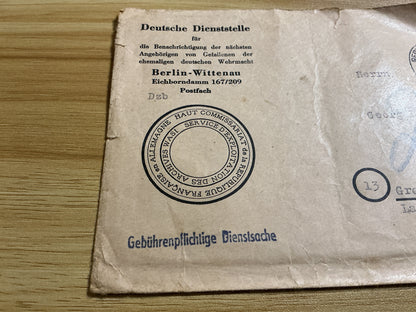 1953 German Deutsche Dienststelle WASt Wehrmacht Casualty Records Envelope-French Archive Stamp