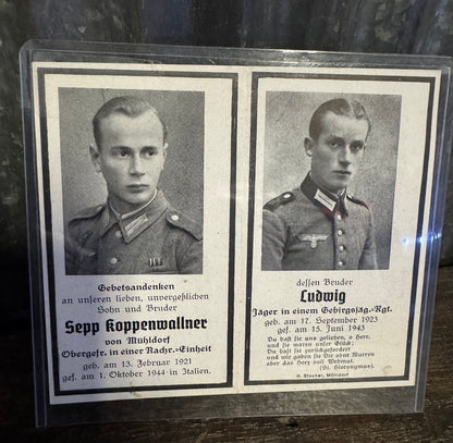 WWII German Memorial Death Card
Two Brothers Killed in Action