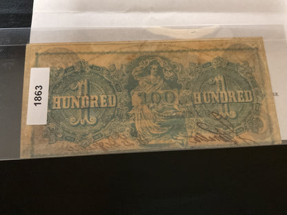 Confederate State of Louisiana One Hundred Dollar Bill Civil War