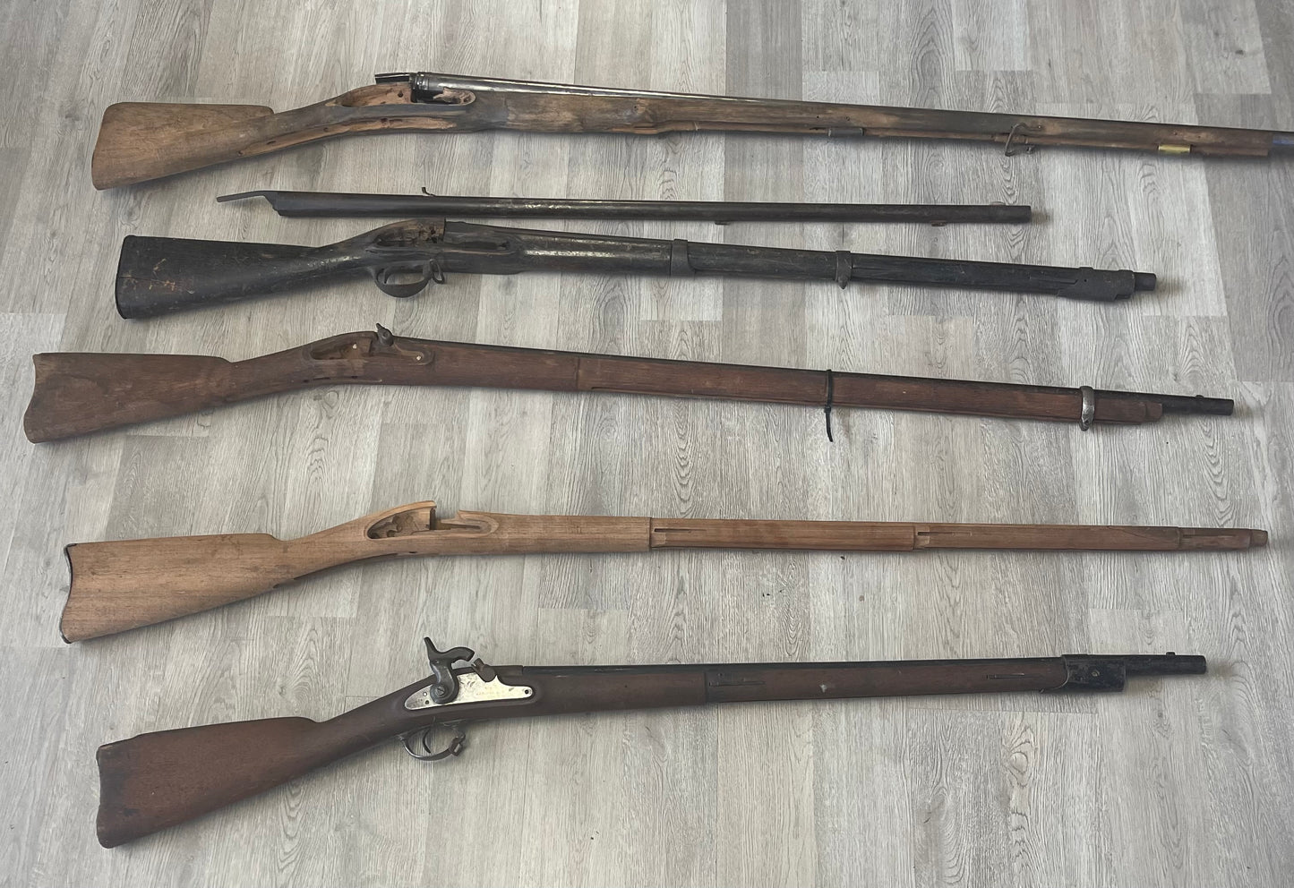 U.S. Musket Parts Lot – 5 Stocks, 4 Barrels & Springfield 1864 Percussion Lockplate