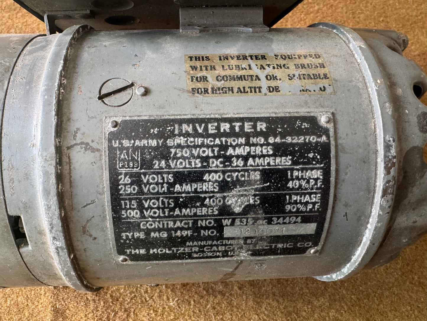Holtzer-Cabot U.S. Army Aircraft Inverter Type MG-149F 24V DC to 115/26V AC WWII Aircraft Power Inverter