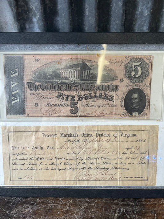 1864 Confederate States of America $5 Note & Norfolk, Virginia Oath of Allegiance Document Display