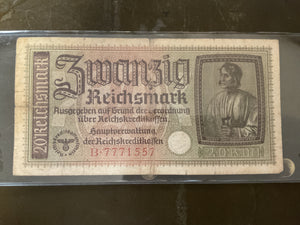 WWII German 20 Reichsmark Banknote-Third Reich Banknote