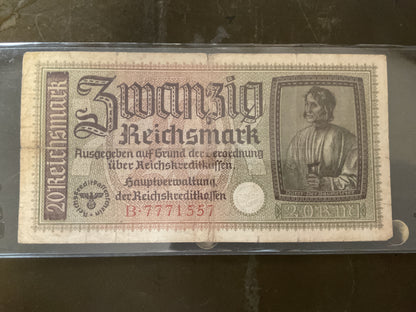 WWII German 20 Reichsmark Banknote-Third Reich Banknote