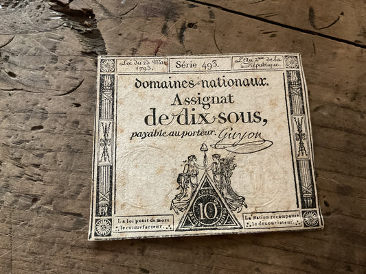1793 French Revolution Assignat-“10 Sous Revolutionary Currency Note”