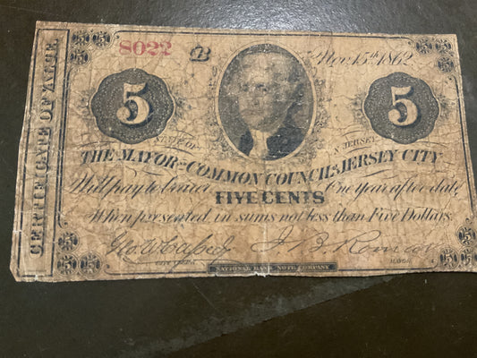 Civil War Nov 15, 1862 #8022 New Jersey Certificate of Value