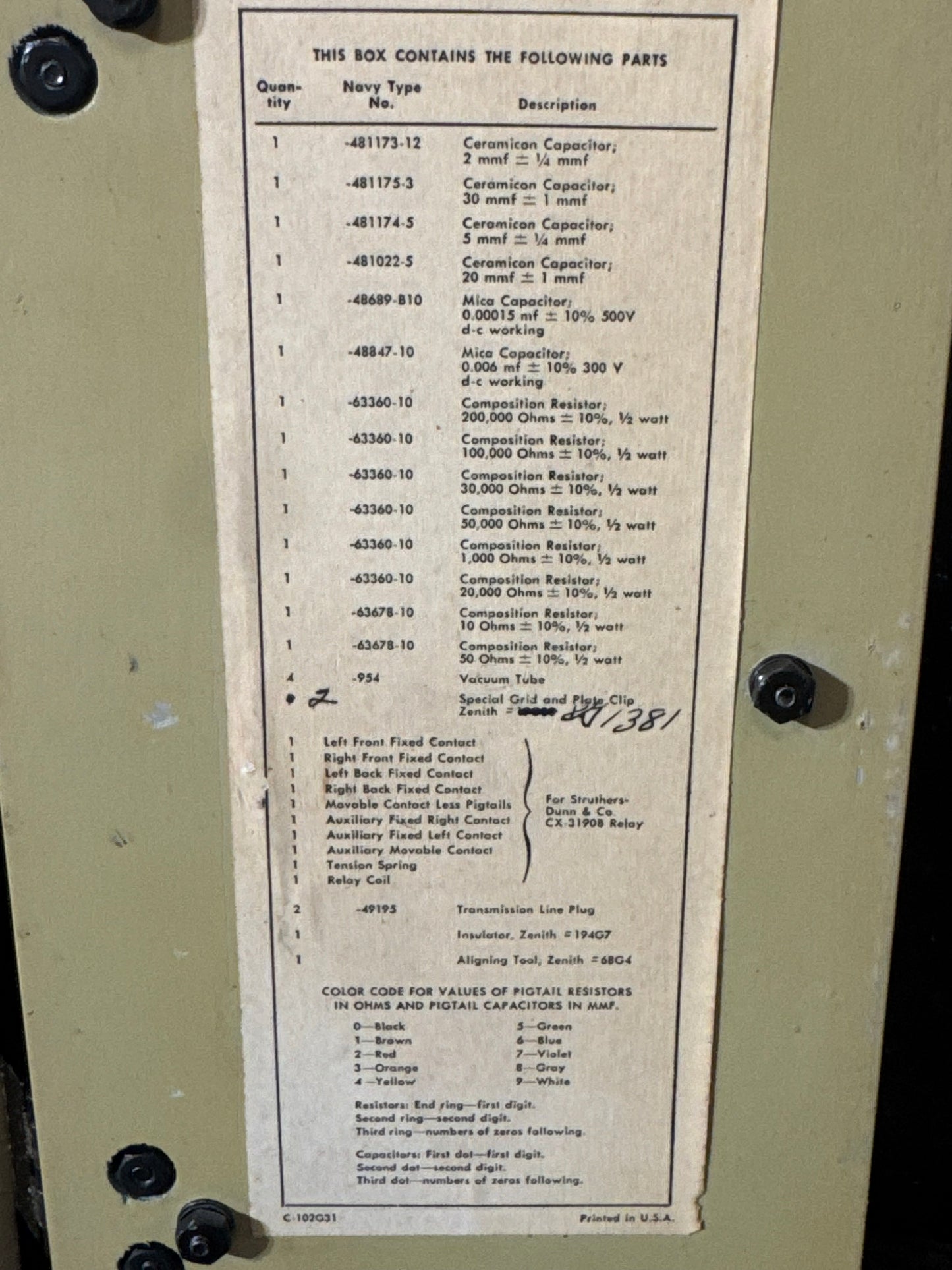 WWII U.S. Navy ZB-2 Operating Spares Homing Adapter Aircraft Radio Equipment Kit