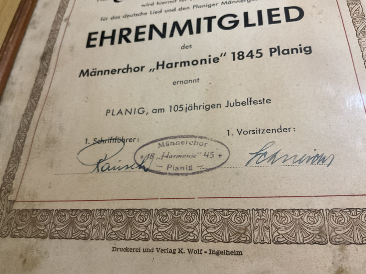 German 1845 Planig Honorary Membership Certificate-105th Anniversary-Framed