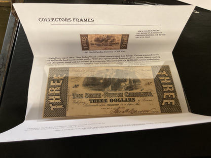 Confederate State of North Carolina Three Dollar Note Civil War