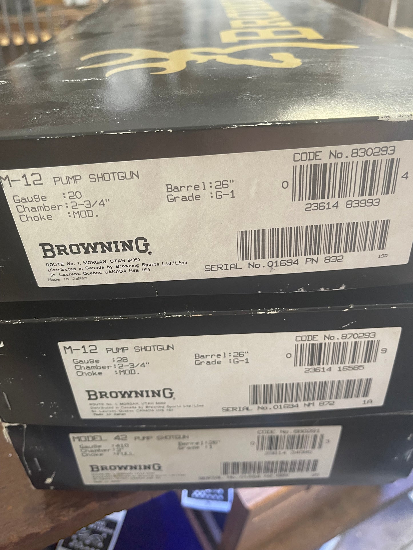 Browning Matched Three-Gun Collector Set – Model 12 20 Gauge, Model 12 28 Gauge & Model 42 .410 Bore – Matching Serial Numbers – New in Boxes
