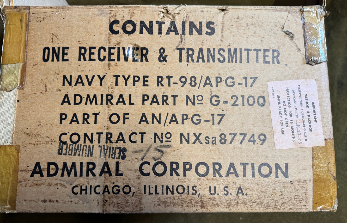 WWII U.S. Navy RT-98/APG-17 Receiver & Transmitter — Boxed — Admiral Corp.