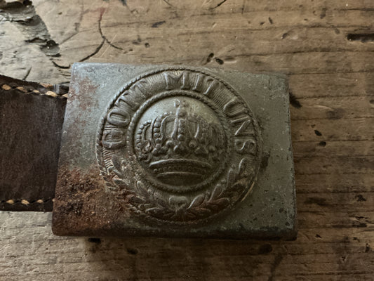 Original WWI Imperial German Prussian “Gott Mits Uns” Belt Buckle w/ Darmstadt Kammer 1917 Leather Tab