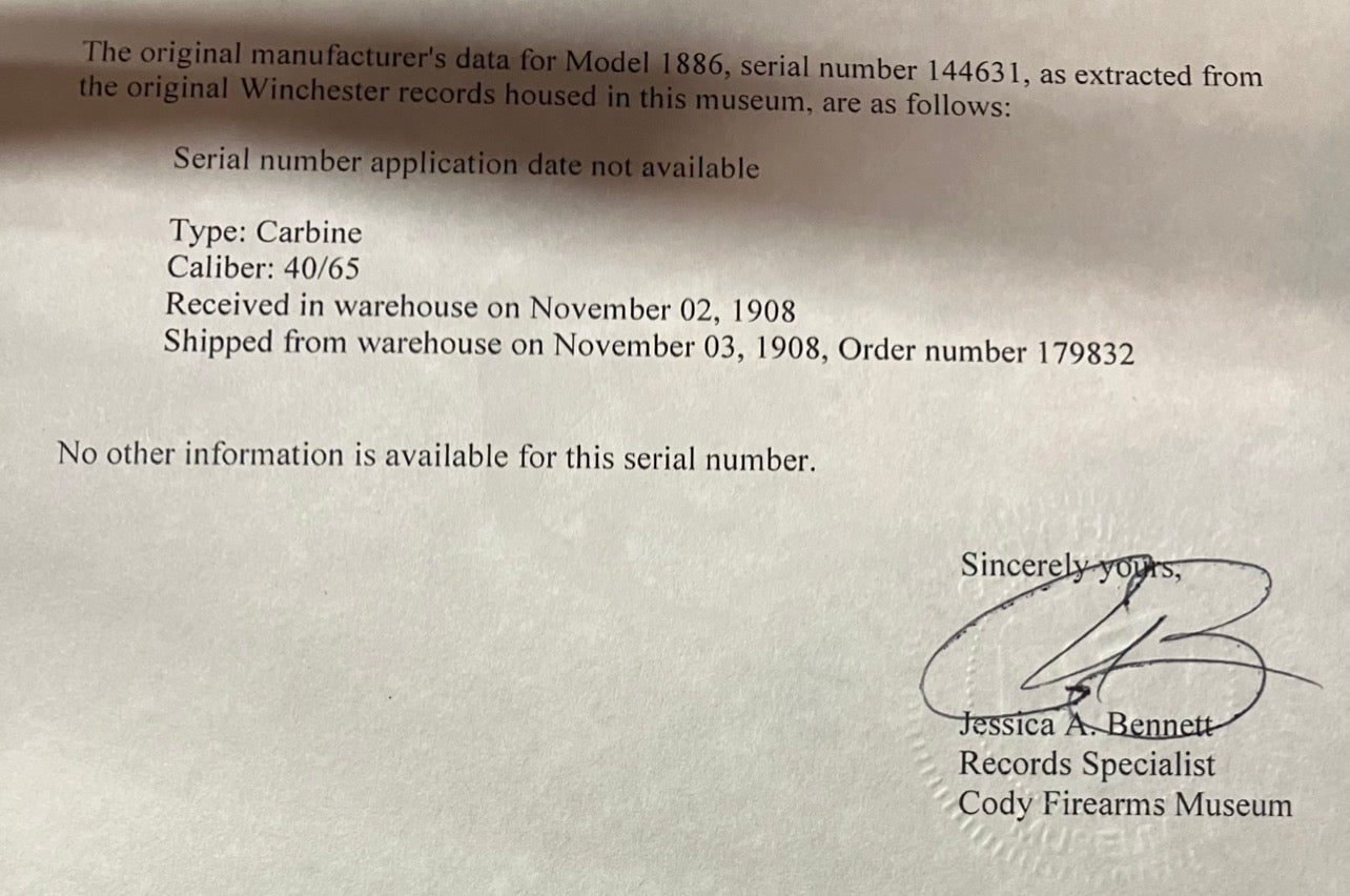 Winchester Model 1886 Saddle Ring Carbine .40-65 WCF – Cody Letter Confirmed + 10 Boxes PMC Ammo