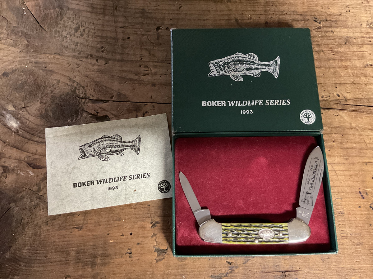 1993 Boker Wildlife Series Largemouth Bass Canoe Knife-Green Bone-Limited Edition w/ Box