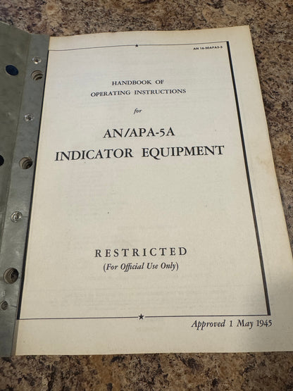 WWII AN/APA-5A Indicator Equipment Manual – 1945 “RESTRICTED” Radar Display System – Aircraft Electronics Operating Instructions – Original Binder Format