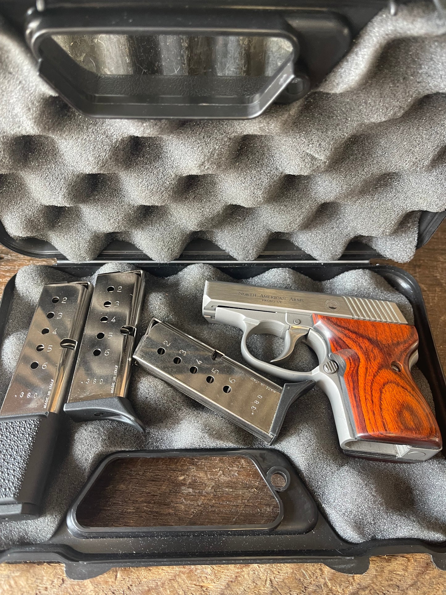 North American Arms Guardian .380 ACP Stainless Pistol – Custom Wood Grips – Box & Three Magazines