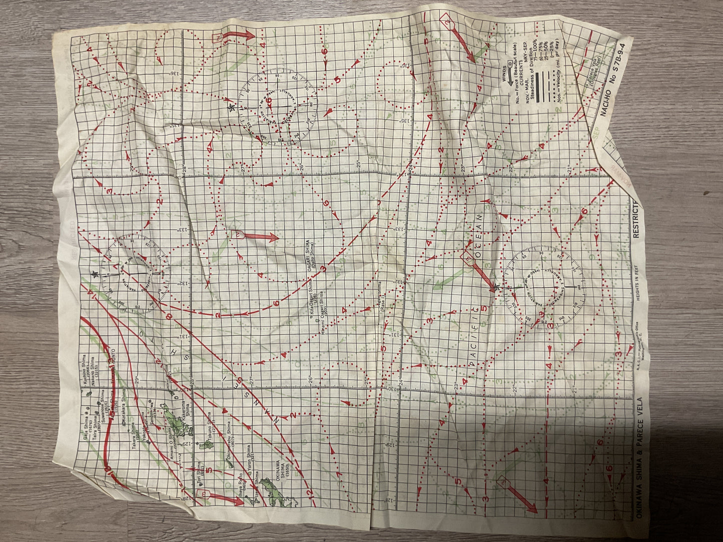 WWII U.S. Navy Pacific Ocean Cloth Navigation Chart-Ocean Currents Map-Original