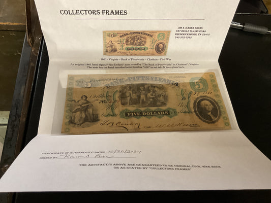Bank of Pittsylvania Five Dollar Bill CIVIL WAR ERA WITH COA