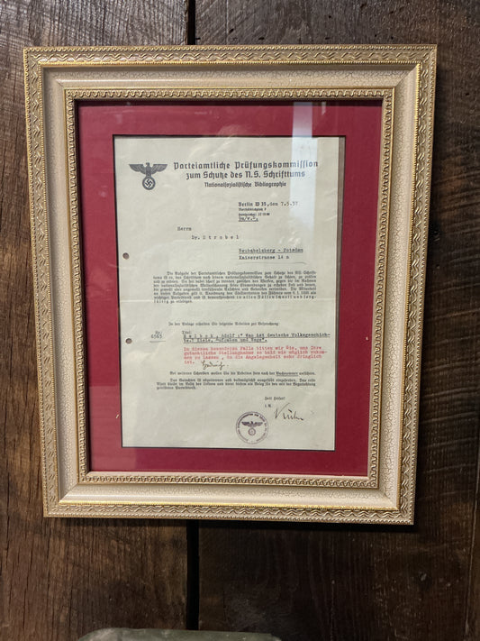 RARE!! 1937 Third Reich Party Official Examination Commission Letter-NSDAP Literary Review Commission-Berlin