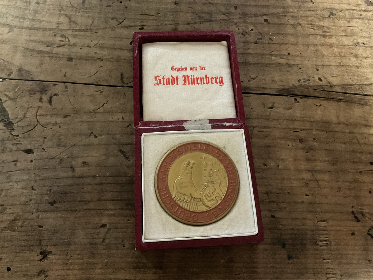 1934 German Sports Games Nuremberg Ceramic Medallion w/ Presentation Case