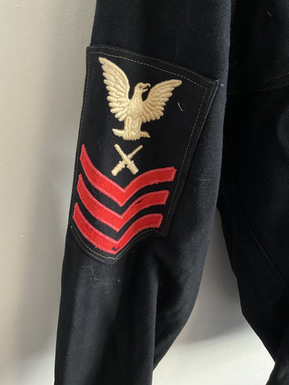WWII U.S. Navy Dress Blue Jumper - Petty Officer Second Class Gunner’s Mate with Custom Embroidery - Size Medium (Estimated)