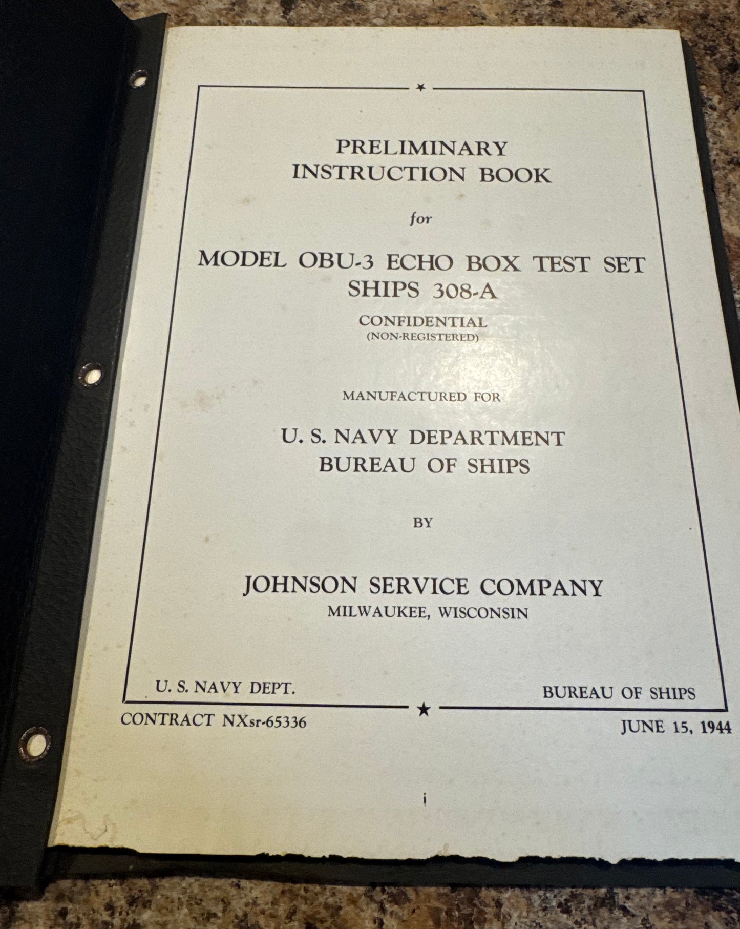 1944 U.S. Navy OBU-3 Echo Box Test Set SHIPS 308-A Instruction Book – Confidential Radar Test Manua