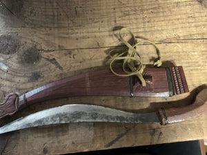Vintage Southeast Asian Parang/Golok Knife w/ Carved Wooden Scabbard