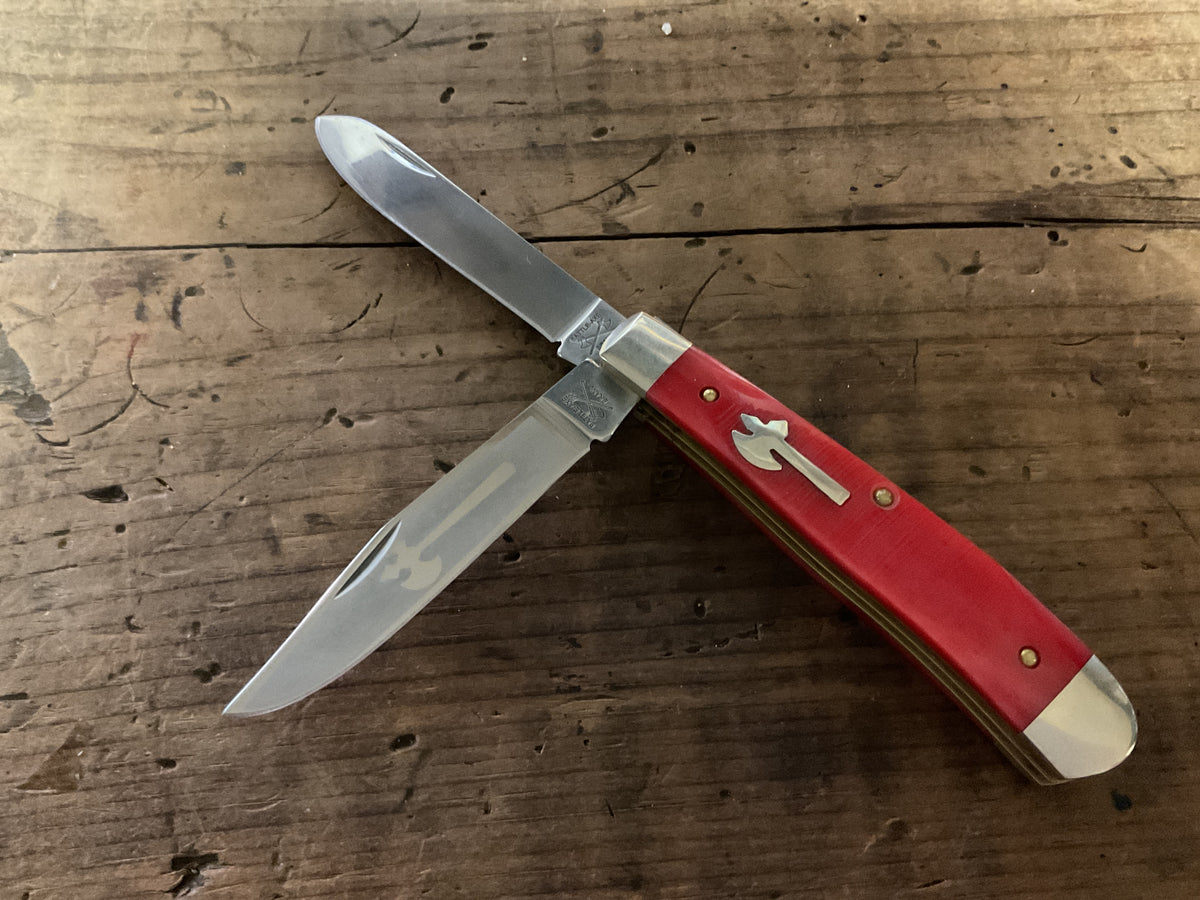 Cooper Cutlery Battle Axe Brand Red Sawcut Bone Trapper Knife w/ Original Tube & Papers