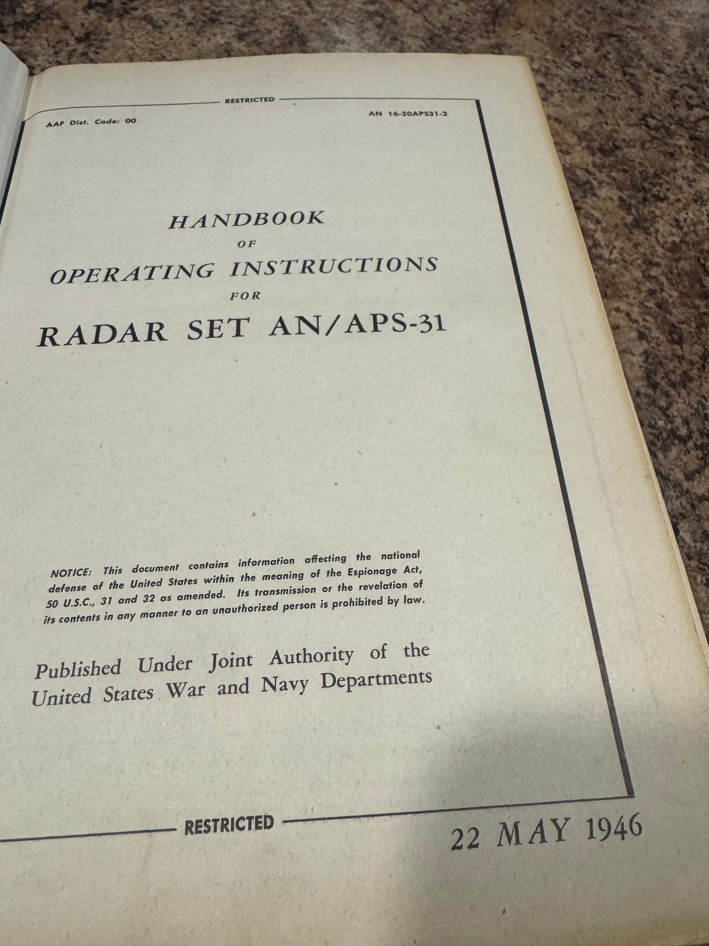 Original 1946 U.S. Military Radar Manual AN/APS-31 – AAF– WWII Airborne Radar System Documentation