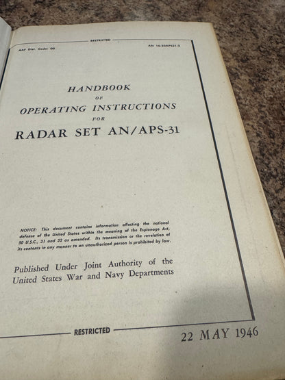 Original 1946 U.S. Military Radar Manual AN/APS-31 – AAF– WWII Airborne Radar System Documentation