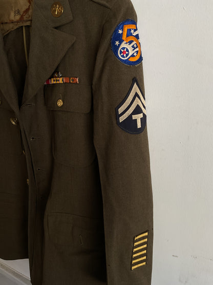 WWII U.S. Army 5th Air Corps Service Dress Jacket - Technician Third Grade with Ruptured Duck and Ribbon Bar - Size 39R
