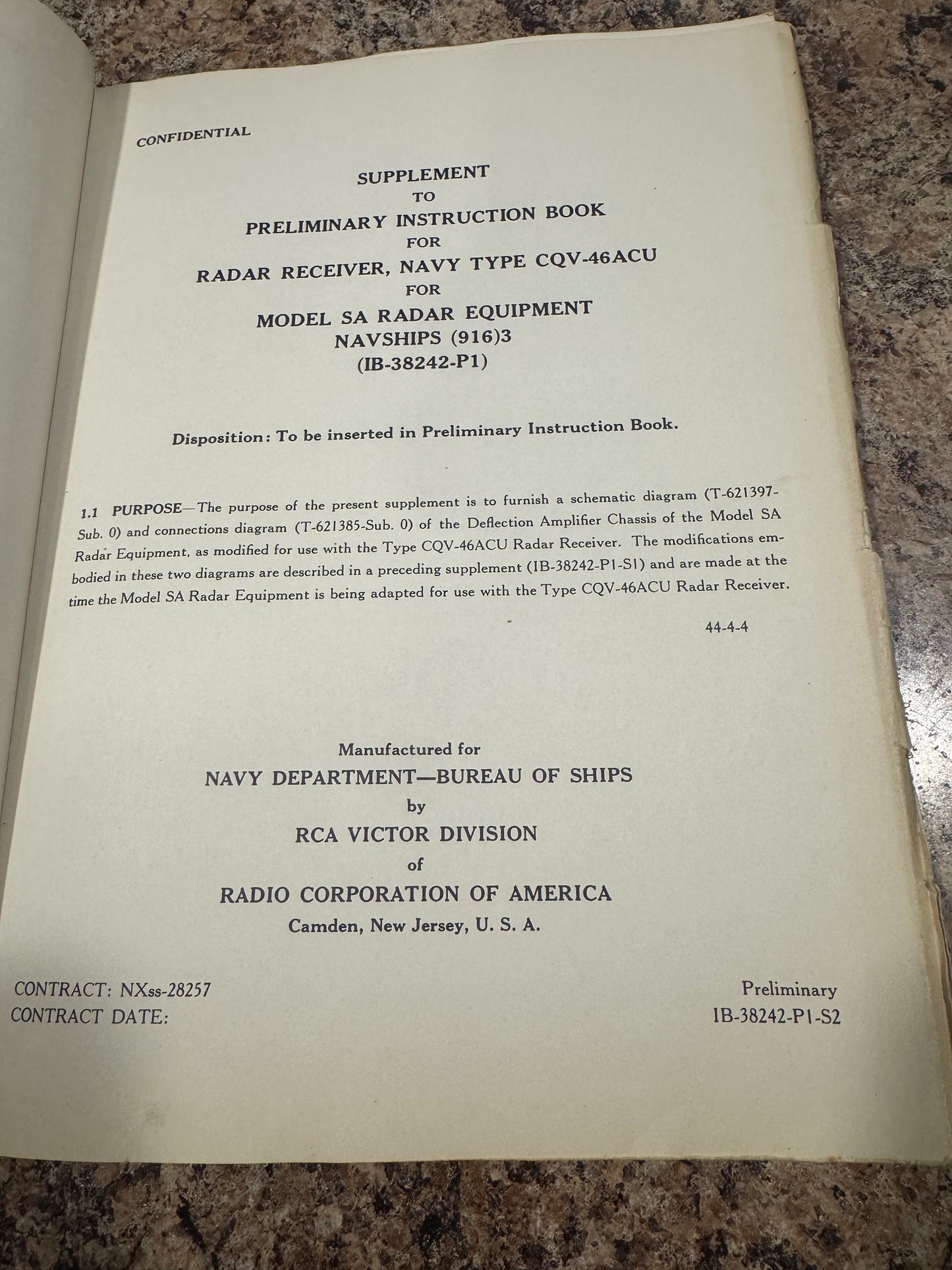 WWII U.S. Navy Radar Receiver CQV-46ACU Instruction Manual – NAVSHIPS 916(3) – For SA & SA-2 Radar – RCA Victor