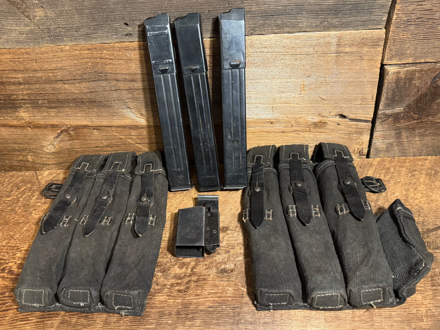 Original German WWII MP 38 & 40 Canvas & Leather Magazine Pouches w/ (3) German Marked Mags and Speed Loader