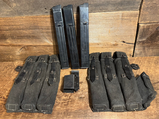 Original German WWII MP 38 & 40 Canvas & Leather Magazine Pouches w/ (3) German Marked Mags and Speed Loader