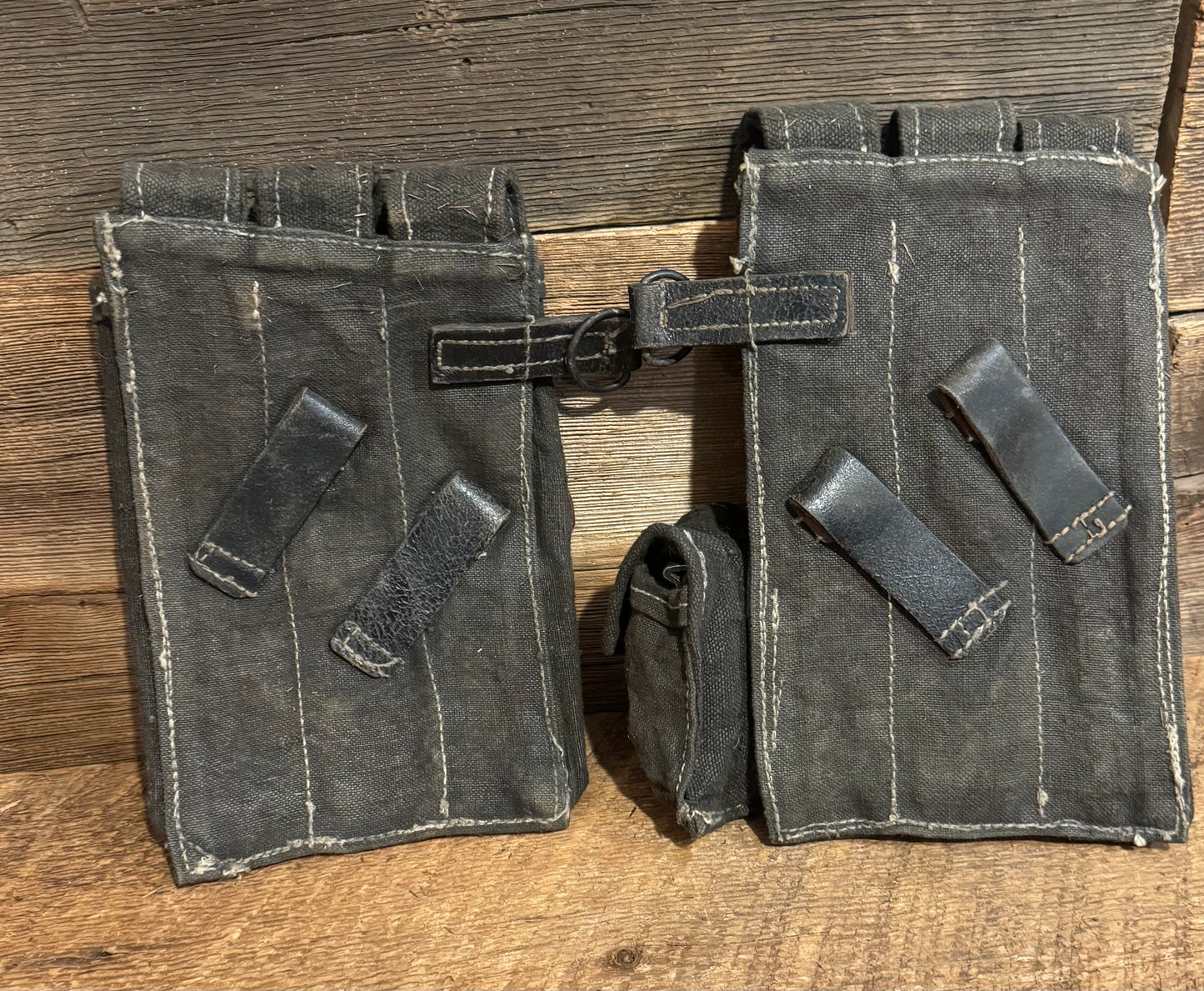 Original German WWII MP 38 & 40 Canvas & Leather Magazine Pouches w/ (3) German Marked Mags and Speed Loader