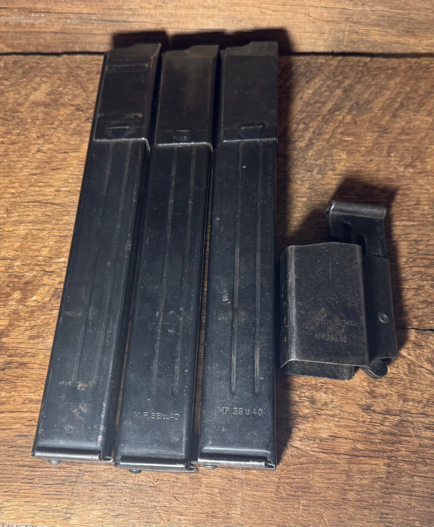 Original German WWII MP 38 & 40 Canvas & Leather Magazine Pouches w/ (3) German Marked Mags and Speed Loader