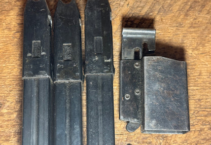 Original German WWII MP 38 & 40 Canvas & Leather Magazine Pouches w/ (3) German Marked Mags and Speed Loader