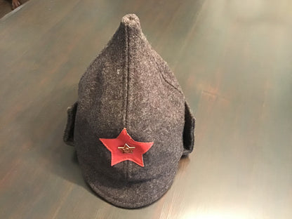 Vintage Soviet Russian Ushanka Winter Hat with Red Star Badge – Gray Wool Military Style Cap