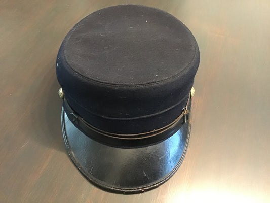 Vintage Black Uniform Visor Cap Hat w/ Brass Side Buttons – Wool/Felt Crown – Size Unknown
