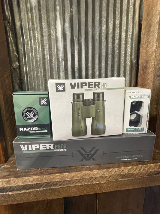 Vortex Long Range Precision Optics Package – Viper PST Gen II 5-25x50, Razor HD 4000 Rangefinder, Viper HD Binoculars