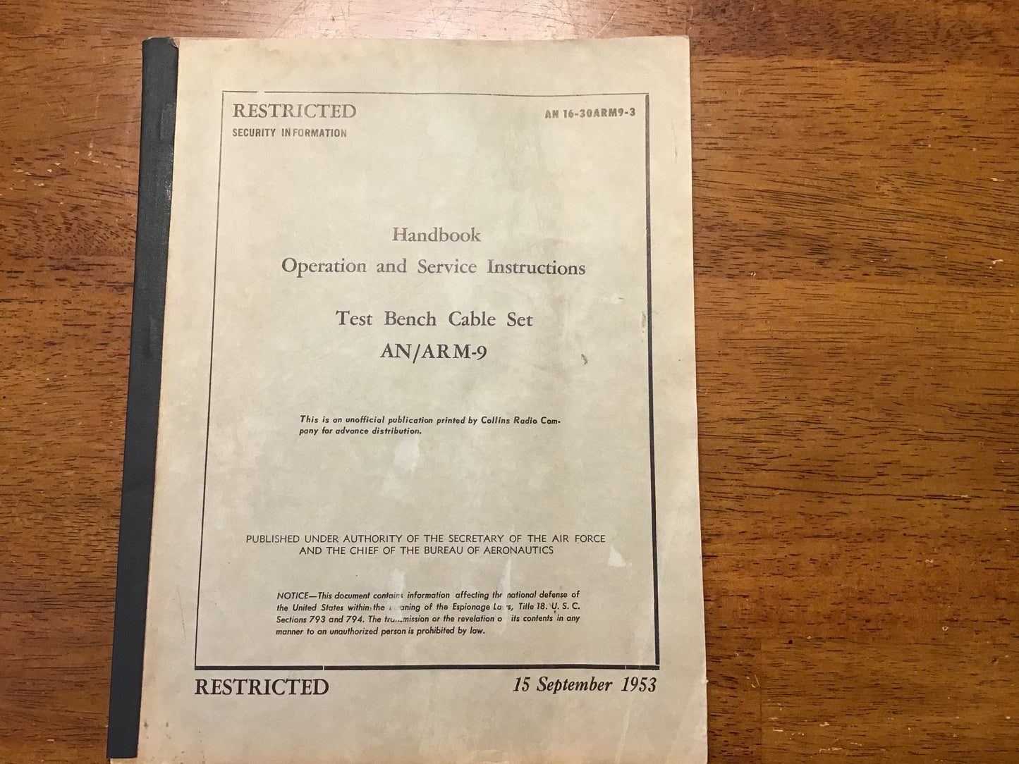 1953 AN/ARM-9 Test Bench Cable Set Handbook Restricted USAF Navy Manual
