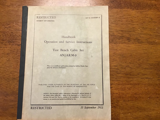 1953 AN/ARM-9 Test Bench Cable Set Handbook Restricted USAF Navy Manual