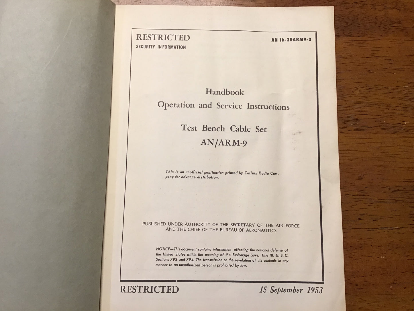 1953 AN/ARM-9 Test Bench Cable Set Handbook Restricted USAF Navy Manual